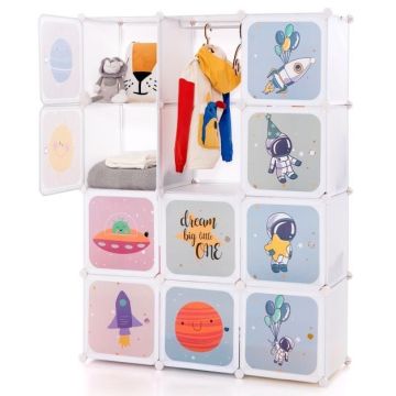 Children's wardrobe, 8 storage compartments and 2 hanging compartments, Blue/pink/white, 110 × 144 × 35 cm