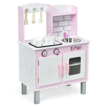 Children's play kitchen, pink/white, 21.5 × 12 × 31.5 inches