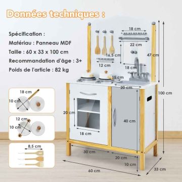 Bērnu rotaļu virtuve, 5 piederumi, 60,96 × 33,02 × 100,33 cm