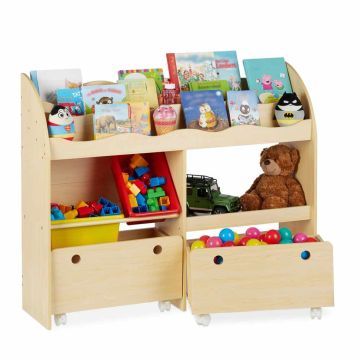 Bērnu rotaļlietu plaukts Relaxdays 10025966.0, 2 plastmasas kastes un 2 kastes ar ritentiņiem, Brūns, 108 × 88 × 29 cm