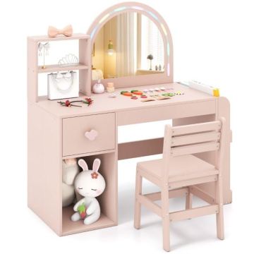 Children's dressing table, with chair, white/pink, 86.4 × 91.4 × 39.4 cm