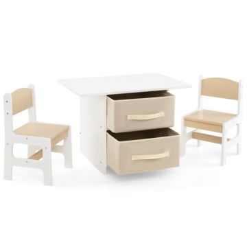 Children's furniture set, 1 table, 2 chairs, 2 storage boxes, White and beige, 71 × 50 × 48 cm