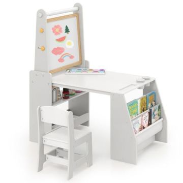 Children's writing and drawing table with chair, white and chalk board, 25 cm seat height