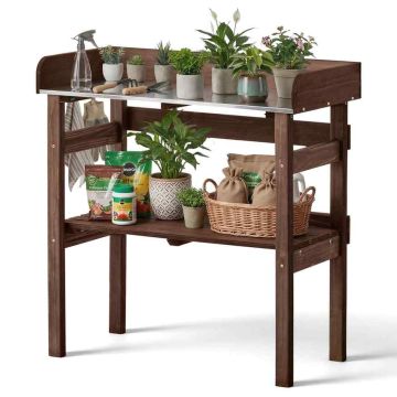 Podu stādīšanas galds VEVOR DS-PB016, 2 plaukti, 3 āķi, brūns, 78 × 38 × 82 cm