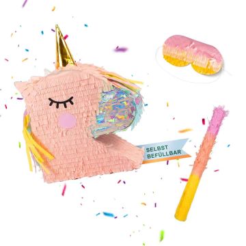 Vienradža formas piñata Relaxdays, ar kociņu un acu masku, 43 × 49,5 × 10 cm
