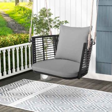Single-seater hanging swing with wicker rattan backrest, gray