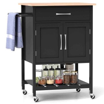 Kitchen island cart, drawer, 2-door cabinet, Black/brown/white, 73 × 90 × 48 cm