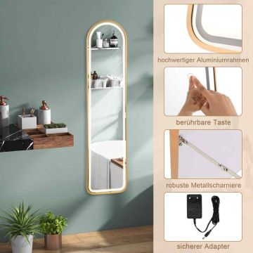 Full-length mirror, LED, free-standing or wall-mounted, Gold, 37 × 38 × 155 cm
