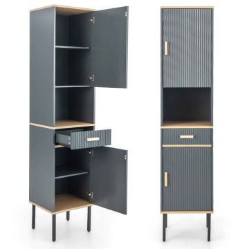 Bathroom cabinet, tall, with door and drawer, gray, 40.64 × 177.8 × 35.56 cm