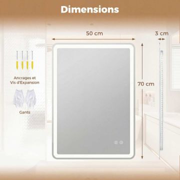 Bathroom mirror, Rectangular LED, Silver, 70 × 50 × 3 cm