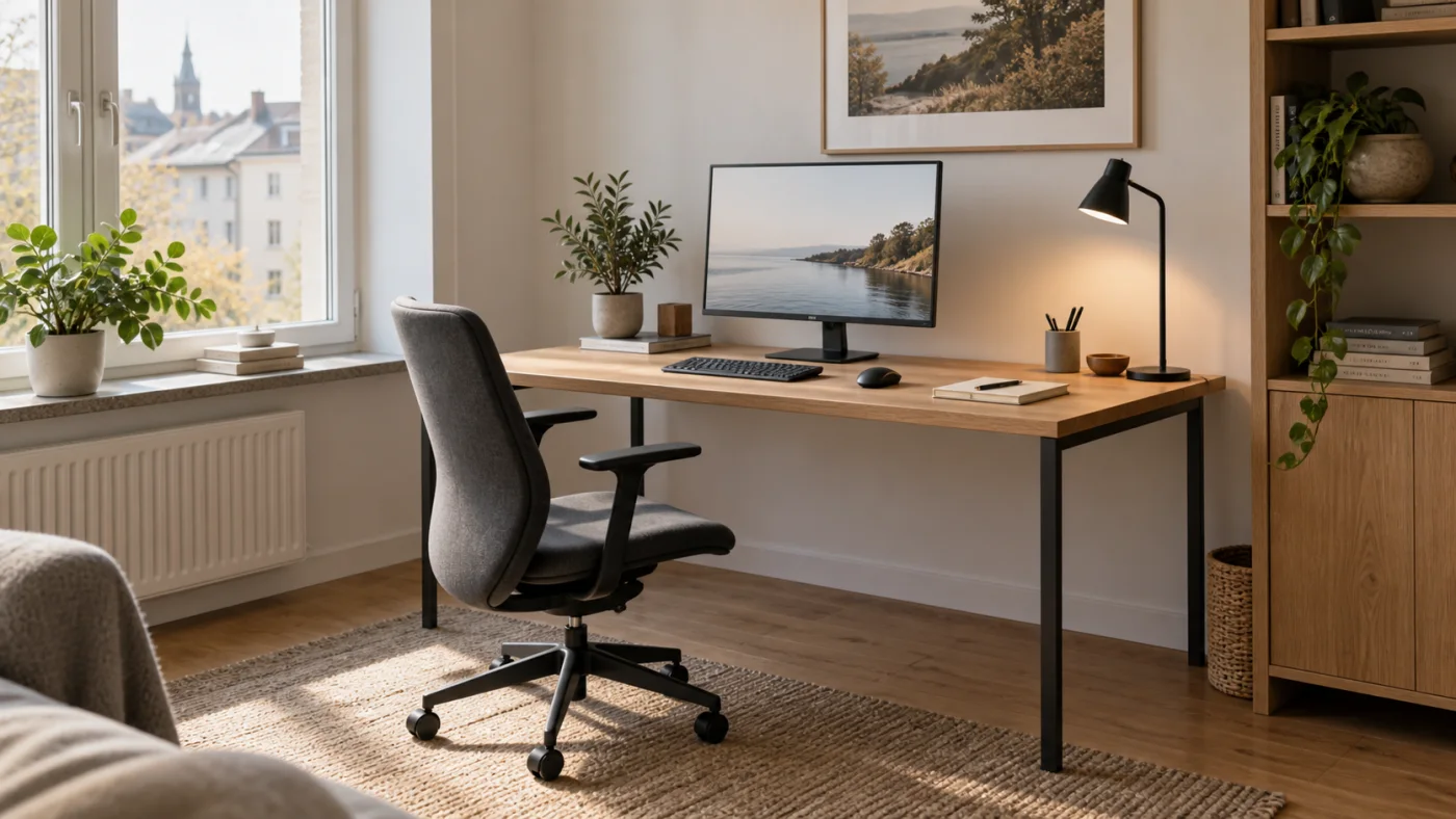 Writing desk with a monitor and adjustable office chair in a bright home office