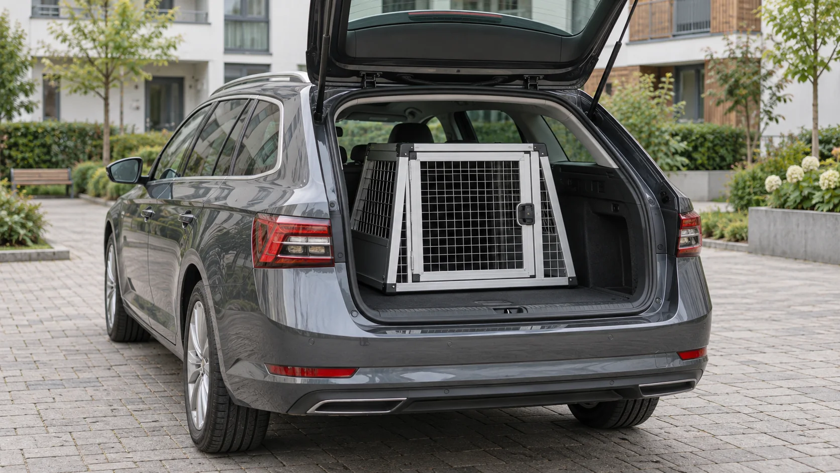Alumīnija suņu transportēšanas būris Eiropas universāļa bagāžniekā