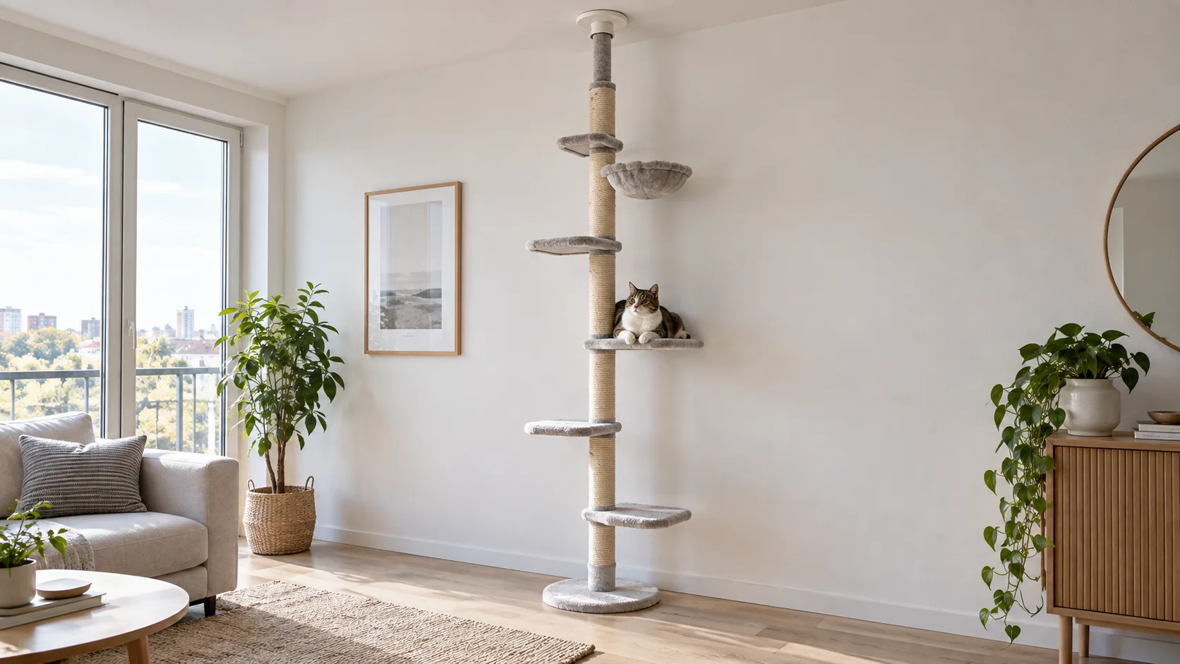Slim floor-to-ceiling cat scratching tree with staggered platforms