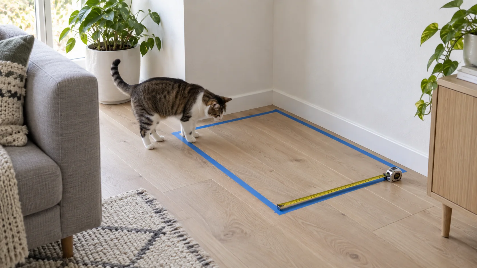 Floor area for a future cat tree marked with painter's tape and a tape measure