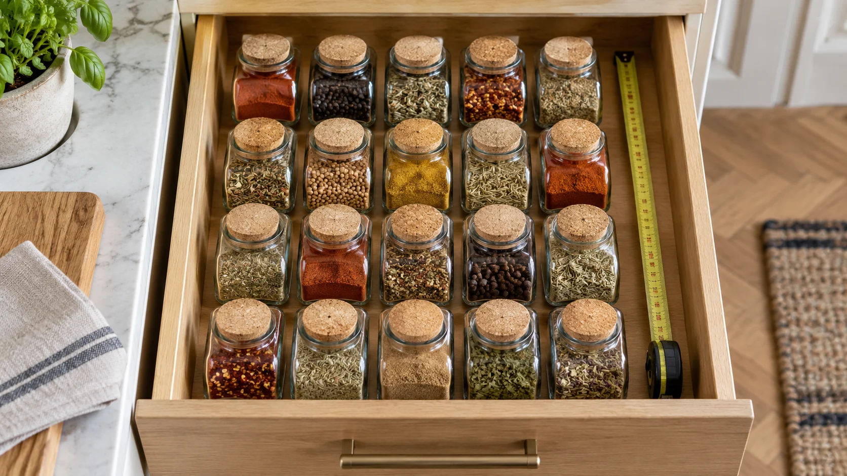 Square spice jars arranged in a kitchen drawer beside a measuring tape