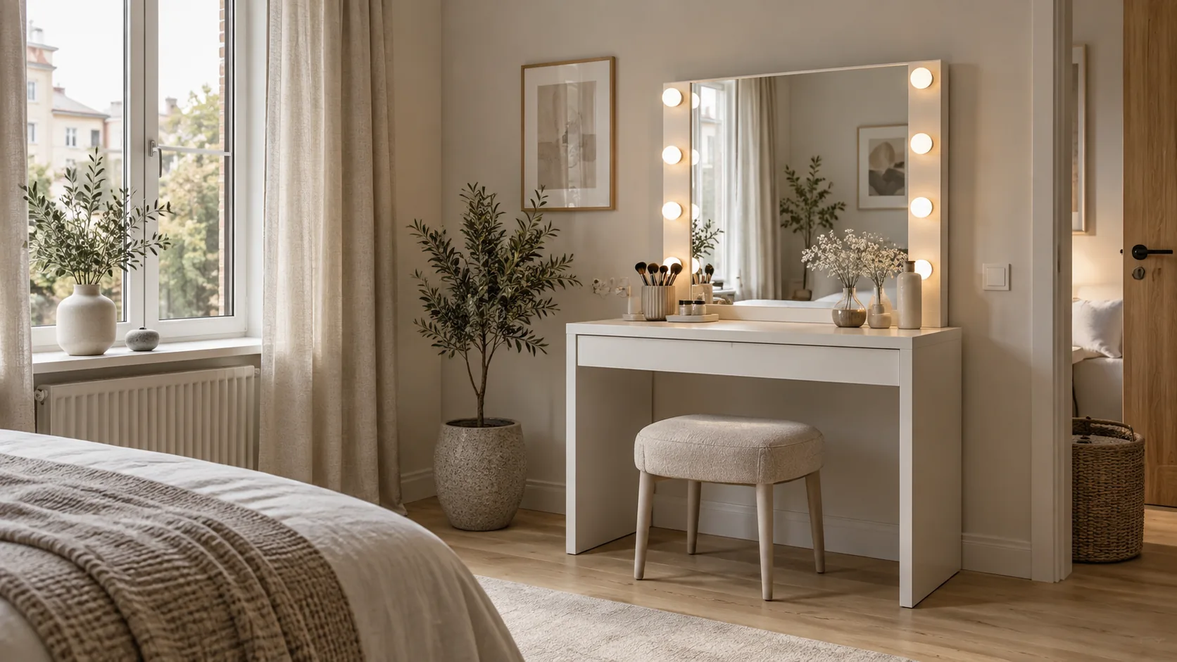Dressing table with an illuminated mirror and stool in a bright bedroom, an AI-generated interior illustration