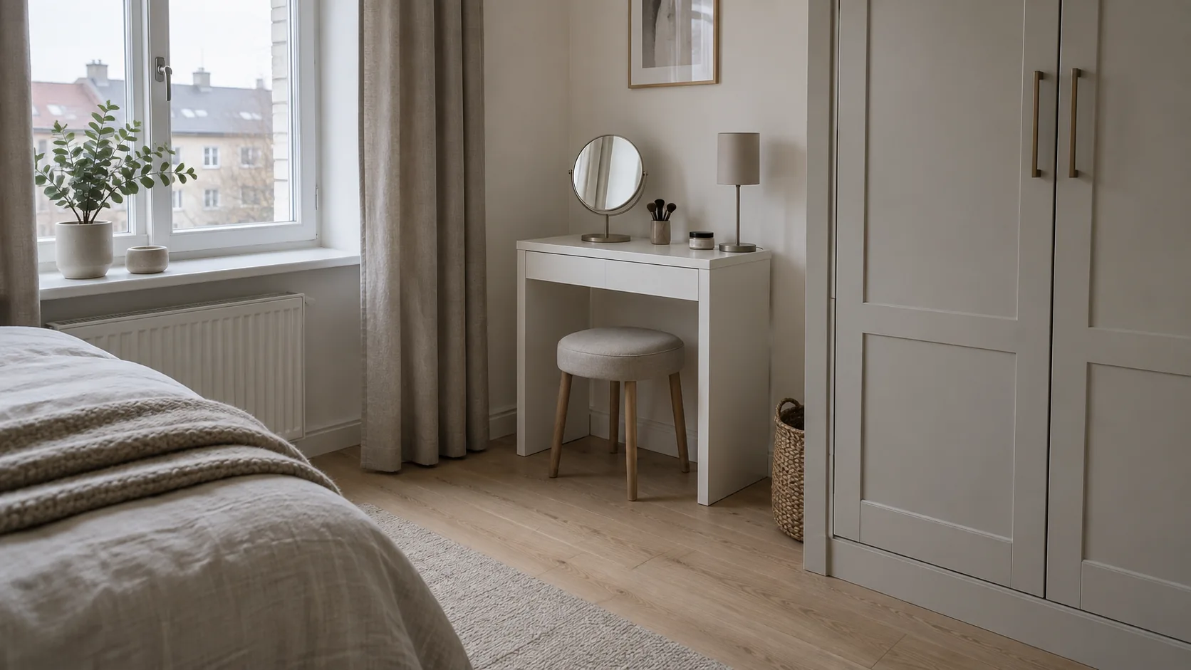 A compact dressing area between a window and a wardrobe in a small bedroom