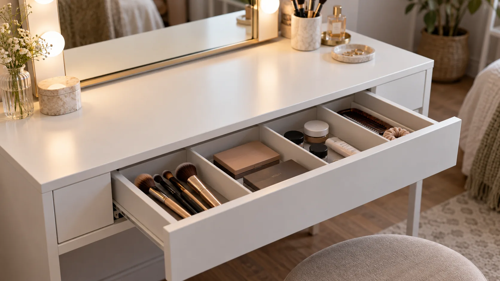 Makeup organised in drawer compartments with the dressing table surface left clear