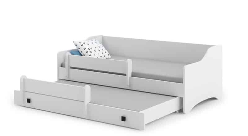 Bērnu divguļamā gulta Eryk ar matraci un aizsargbarjeru 164x85x60/160x80x15cm, melni rokturi