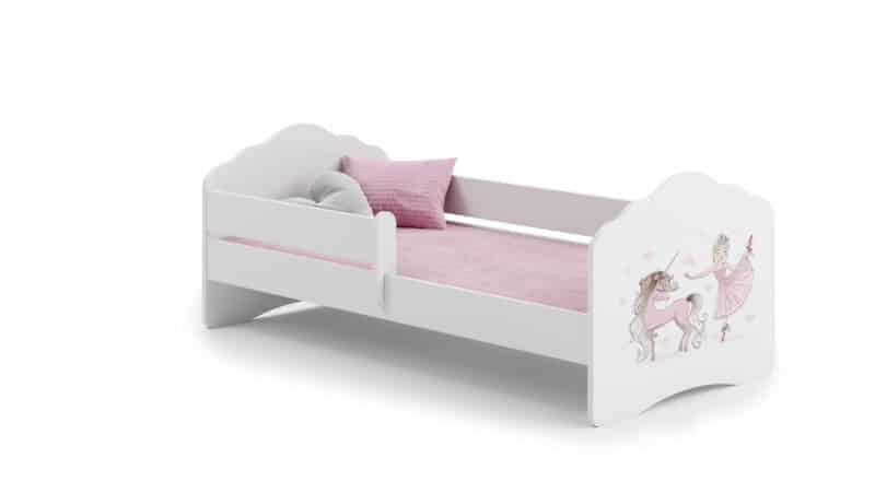 Bērnu gulta Fala ar matraci un aizsargbarjeru 144 cm x 78 cm x 65 cm, princese ar vienradzi