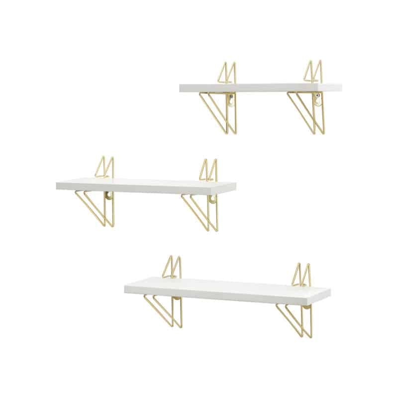 Komplektā 3 sienas plaukti, balts/zelts